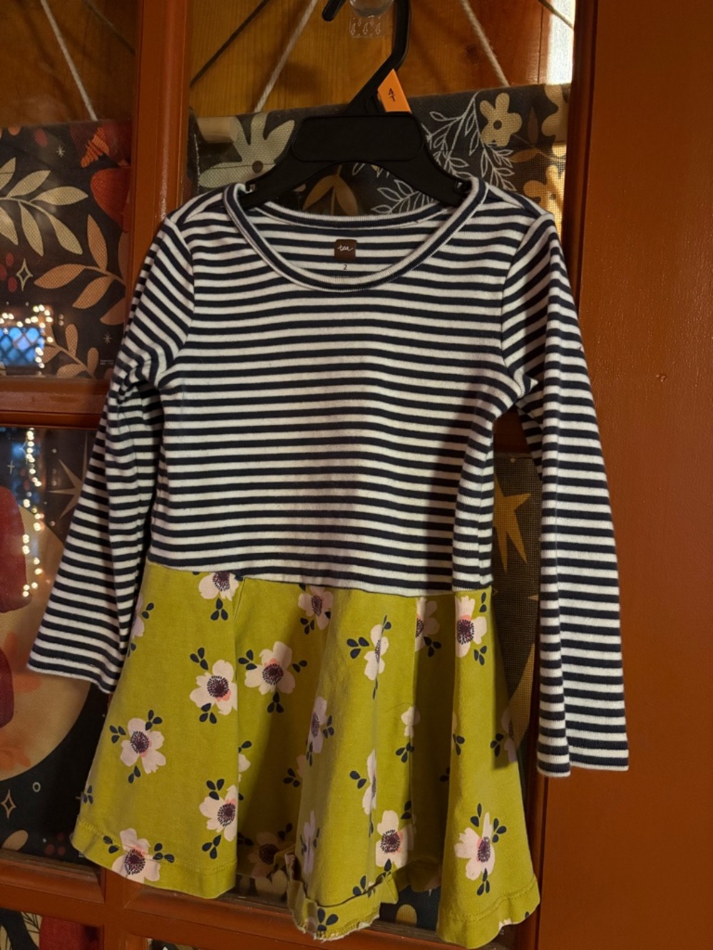 Tea Collection Navy & White Striped Top with Floral Accent